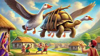 Tanu la tortue, portée par deux oies tenant un bâton dans leur bec, vole au-dessus d'un village.