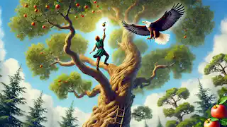 El muchacho ceniciento trepa el árbol más alto, estirando la mano hacia una brillante manzana dorada, acompañado de un águila a su lado.