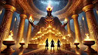 En la guarida del Djinn, los hermanos se enfrentan a un imponente Djinn rodeado de tesoros, que irradia un aura de poder y desafío.