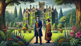 Una antigua mansión rodeada de exuberantes jardines, con Sherlock Holmes y el Dr. Watson de pie en la entrada.