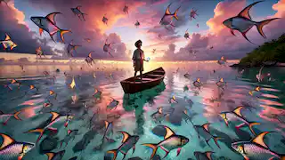 Kai al amanecer, rodeado de peces voladores que planean sobre aguas tranquilas, sosteniendo una escama iridiscente con asombro.