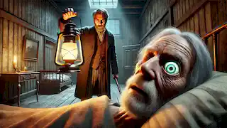 El narrador se encuentra de pie junto a la cama del anciano, con la luz de la lámpara centrada en el ojo abierto del viejo.