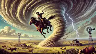 Pecos Bill montando un gigantesco ciclón, agarrando su lazo mientras los relámpagos chisporrotean a su alrededor.