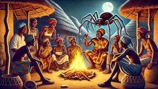 Anansi compartiendo historias con los aldeanos alrededor de una fogata en un animado pueblo ghanés.