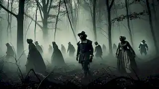 Los colonos de Roanoke perdidos en la wilderness, vagando por un bosque oscuro y brumoso con expresiones de miedo y confusión.