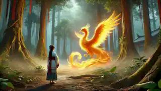 Lian se inclina ante el Fénix Dorado en un claro del bosque, envuelto en una misteriosa bruma.