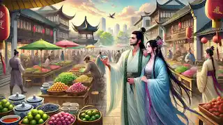 Bai Suzhen y Xiao Qing en las bulliciosas calles de Hangzhou.