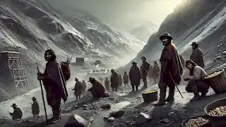 Hombres aymaras trabajando en condiciones difíciles en las minas de plata coloniales en los Andes.