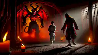 Sun Wukong, disfrazado de sirviente, se acerca a un Xuanzang atado en la penumbra de la guarida de un demonio.