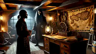 Ezra se encuentra en la cabina del capitán del Queen Anne’s Revenge, con el fantasma de Barbanegra elevado detrás de él.