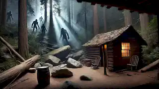 Una cabaña rústica, rodeada de bosques, es atacada por figuras sombrías que lanzan piedras durante el incidente de Ape Canyon en 1924.