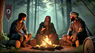 Dede Korkut partage sa sagesse avec Salur Kazan et Bamsi Beyrek dans une forêt paisible.