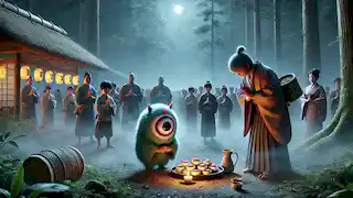 Un sacerdote ofrece pasteles de arroz al Hitotsume-kozou en un claro del bosque iluminado por la luna, rodeado de neblina y aldeanos.