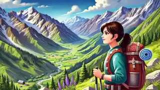 Kim haciendo senderismo en el Valle de Solang, con cumbres nevadas y valles exuberantes de fondo.