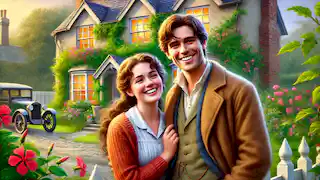 Juan y María sonríen frente a una encantadora casa con un vibrante jardín, en las primeras etapas de su amor.