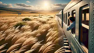 Un tren se desliza por las llanuras argentinas mientras Juan Dahlmann mira por la ventana, perdido en sus pensamientos.