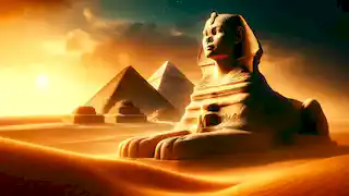 La Gran Esfinge y las pirámides de Giza al atardecer, bañadas en una luz dorada.