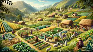 El pueblo de Huari prospera con cosechas abundantes y animales en pleno desarrollo.