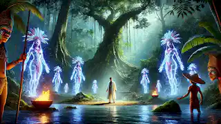 Antonio realiza un ritual en la selva amazónica para romper su maldición, rodeado de etéreos espíritus del río.