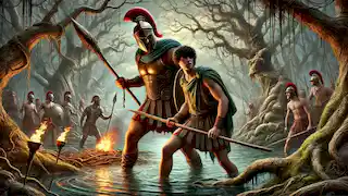 Heracles e Iolaus se preparan para adentrarse en los pantanos de Lerna, armados con un garrote y antorchas bajo un cielo amenazante.