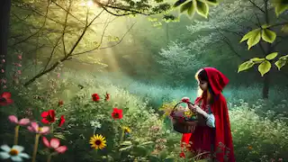 Caperucita Roja recogiendo flores silvestres en el bosque.