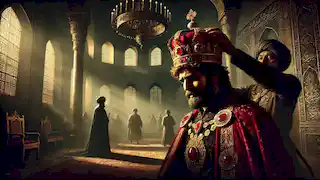 El rey Hormizd IV es traicionado mientras su corte le quita la Corona de Rubí de la cabeza en un palacio tenuemente iluminado.