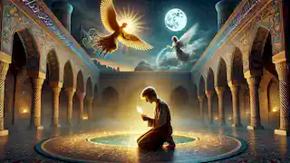 El Príncipe Arash, arrodillado en oración, rodeado de ofrendas celestiales, se encuentra bajo un cielo crepuscular en un majestuoso patio persa.