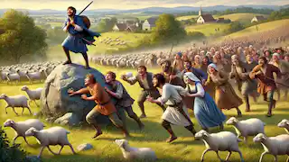 Los aldeanos preocupados suben corriendo la colina, respondiendo al falso grito de lobo del niño, mientras él ríe desde una roca.