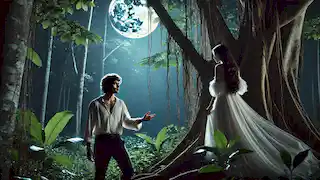 Juan se encontró con una hermosa mujer vestida con un traje blanco, bajo un árbol de ceiba en un bosque costarricense bañado por la luz de la luna.