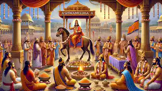 Yudhishthira llevando a cabo el Yajna de Ashwamedha.