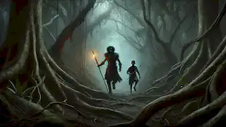 Kiprop guía a Kiptoo a través de un oscuro bosque, mientras Kiptoo sostiene un tótem resplandeciente.