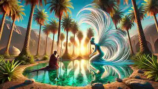 Daryush se arrodilla en el Oasis Encantado mientras el espíritu etéreo emerge de la piscina cristalina, rodeada de palmeras datileras.
