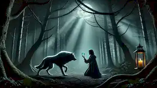 João, en forma de lobo, permanece inmóvil frente a María, quien sostiene un amuleto de plata en el oscuro bosque iluminado por la luna.