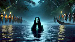 Iara émerge de la rivière Amazone sous le ciel nocturne, tandis que les villageois lui demandent pardon à la lumière de la lune.