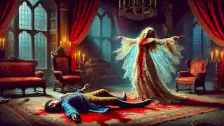 La dama Madeline, manchada de sangre y demacrada, se lanza sobre su hermano en sus últimos agónicos momentos de muerte.