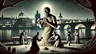 El rabino Loew creando el Golem de barro a orillas del río Vltava en plena noche.