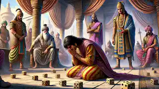 Yudhistira, derrotado en el juego de los dados, se encontraba ante Duryodhana, quien se mostraba seguro y desafiante en la corte real de Hastinapura.