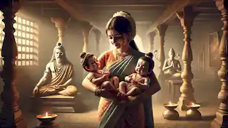 Anasuya sostiene en sus brazos las formas infantiles de Brahma, Vishnu y Shiva, mientras el sabio Atri medita en un hogar sereno.