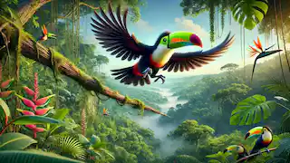 Tico, el tucán, salta desde una rama, comenzando su primer vuelo sobre el denso dosel del Amazonas.
