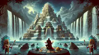 Atl se arrodilla ante el palacio resplandeciente de Tlaloc, hecho de agua fluyente, ofreciendo obsequios de jade, oro y plumas.