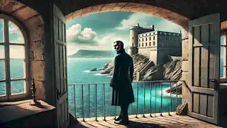 El Hombre de la Máscara de Hierro mira hacia el vasto mar desde el balcón de su celda en la Isla Sainte-Marguerite.