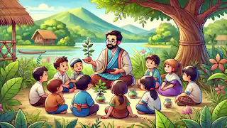 Pi enseignant aux enfants de son village les connaissances traditionnelles et scientifiques, entouré par la nature.