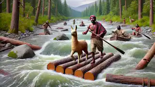 Tupac y su llama Puka cruzando un río caudaloso en el bosque.