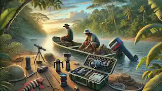 Dos aventureros preparan una embarcación con equipos científicos y de pesca en la orilla del Amazonas mientras el sol se pone.