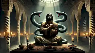 Zahhak se horrorizó al ver cómo emergían serpientes de sus hombros en el oscuro pasillo de un palacio persa.