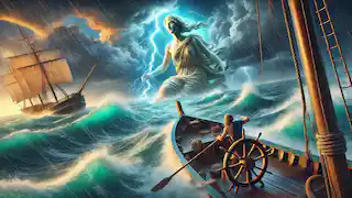 Un marinero griego lucha por controlar su barco durante una feroz tormenta, mientras que Afrodita aparece entre las olas.