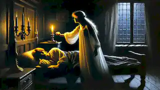 La princesa se inclina sobre un Valemon dormido, quien ahora es un hombre, mientras sostiene una vela en la tenue luz de la habitación.