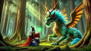 L'empereur Wu s'agenouille avec émerveillement devant le Qilin, dans une forêt dense illuminée par ses cornes brillantes et ses écailles semblables à du jade.