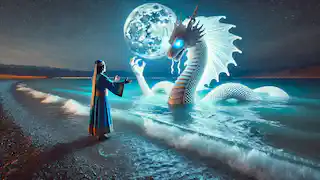 Samai se encuentra en la orilla del lago Balkhash, contemplando la serpiente brillante, el Espíritu del Agua, bajo la luz de la luna.