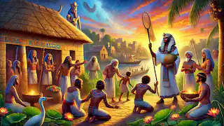 Ammon regresa a su aldea como un héroe, celebrado por los aldeanos bajo la atenta mirada de Sobek, que observa desde el Nilo.